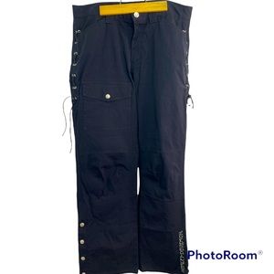 Harley Davidson woman’s black jeans reinforced knee leg snaps Sz 12x33 AA-03